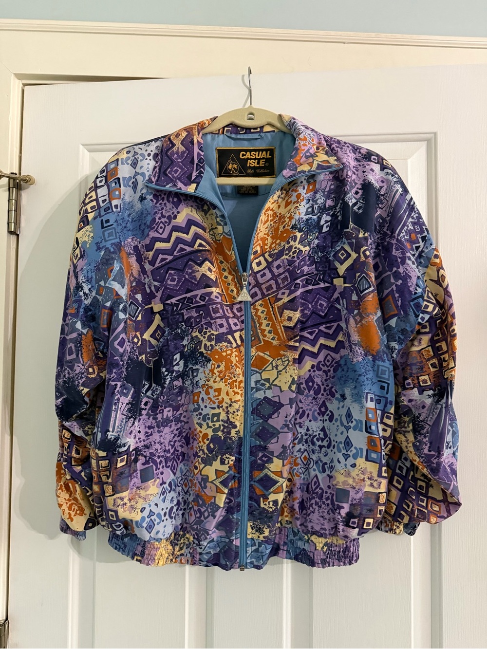 Vintage 90s Casual Isle 100% silk windbreaker set purple abstract jacket/pants